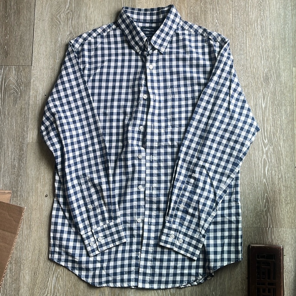 Blue and white plaid button down shirt